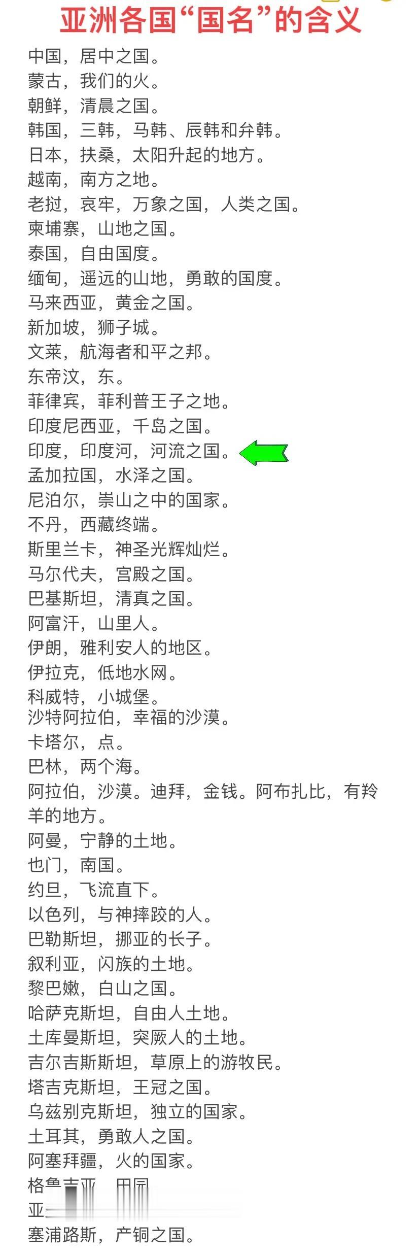 印度要改“国名”？如图所示，亚洲各国“国名”含义一览图。中国：居中之国。蒙古：我