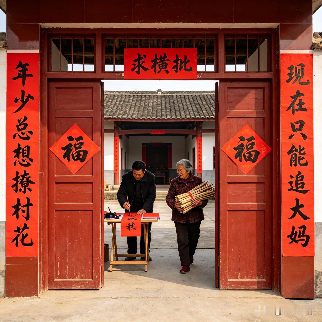 上联：年少总想撩村花
下联：现在只能追大妈
这副对联道尽半生趣味反差，年少与如今