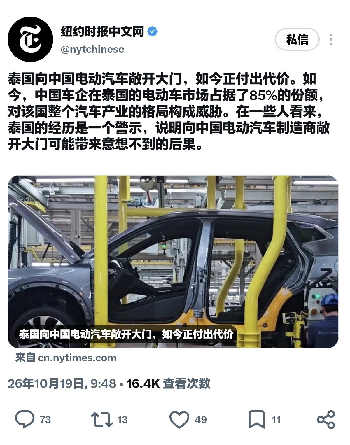 纽时有点慌不择路啊！

《纽约时报》发文：中国车企占据泰国电动车市场 85% 份