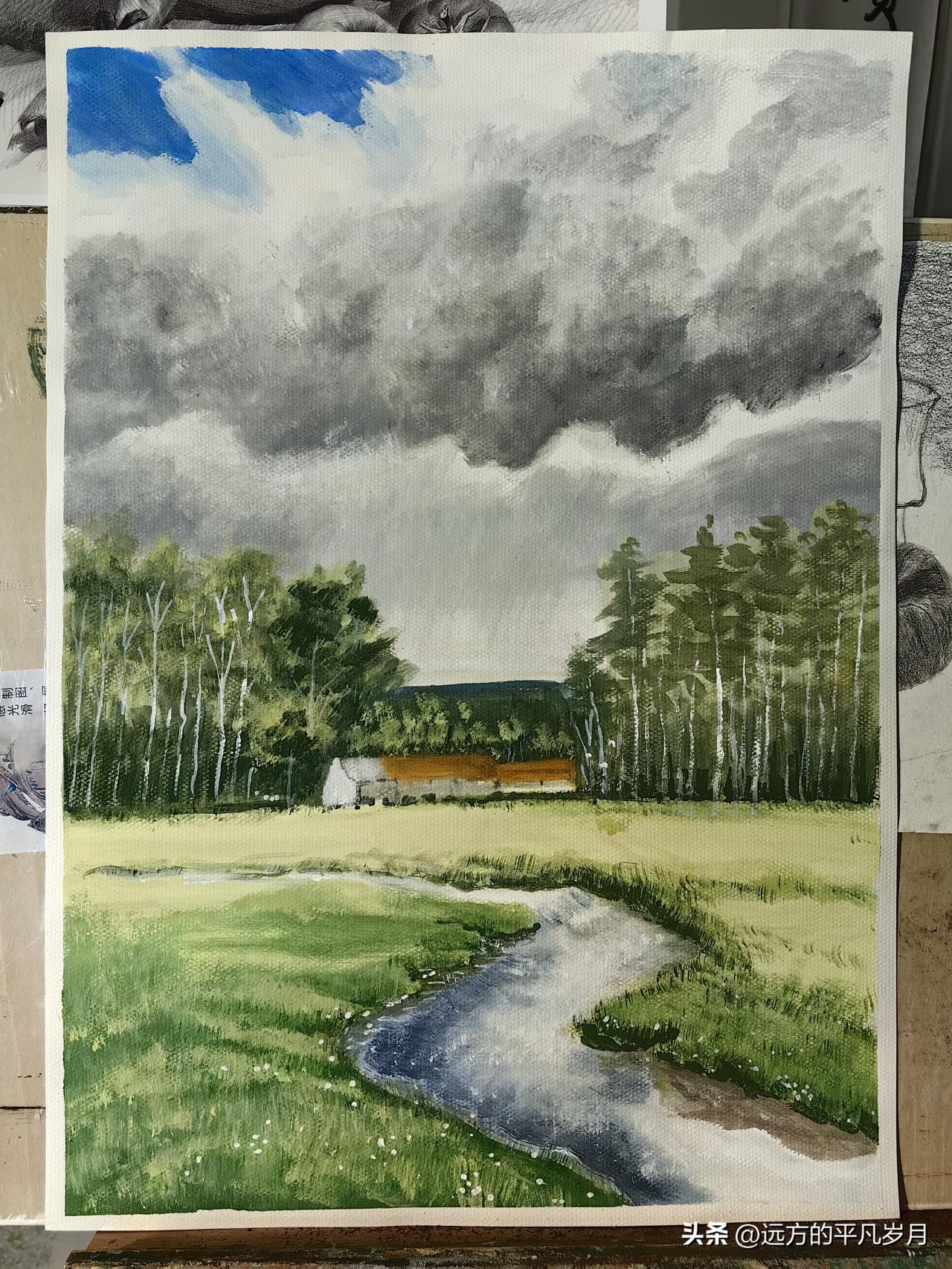 每日一练（水粉画）
 
层云漫卷掩遥天，
曲涧悠悠向林边。
白桦环檐芳草阔，
静