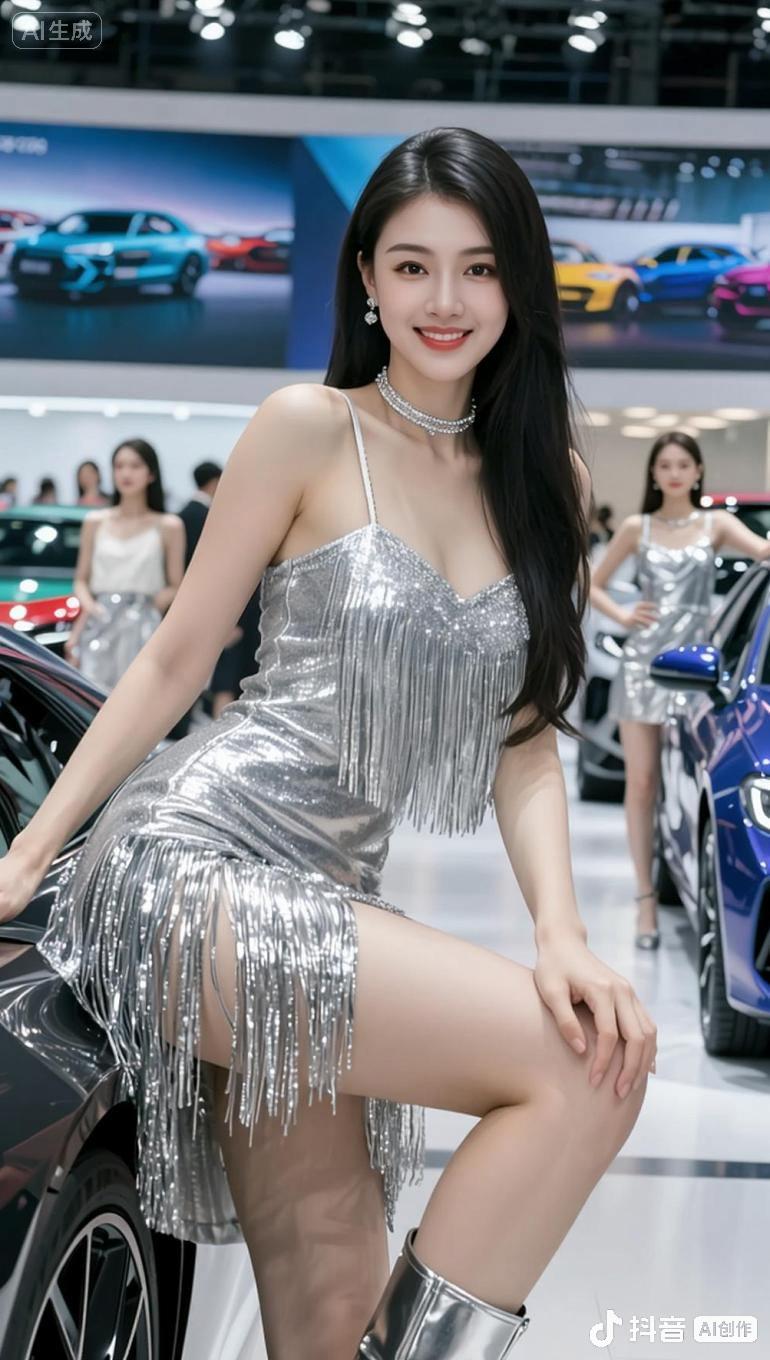 抖音ai创作 御姐风 流苏裙 时尚摄影 车展美女