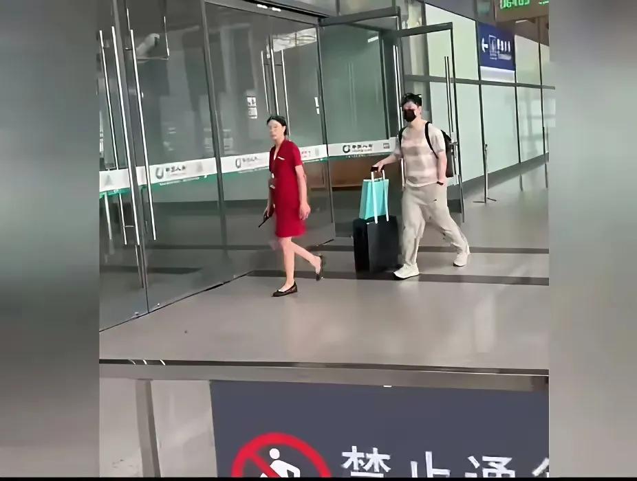 乒超后小胖独自乘坐高铁离开，还是来时那一身安踏，精神利落，背着双肩背包，拖着行李