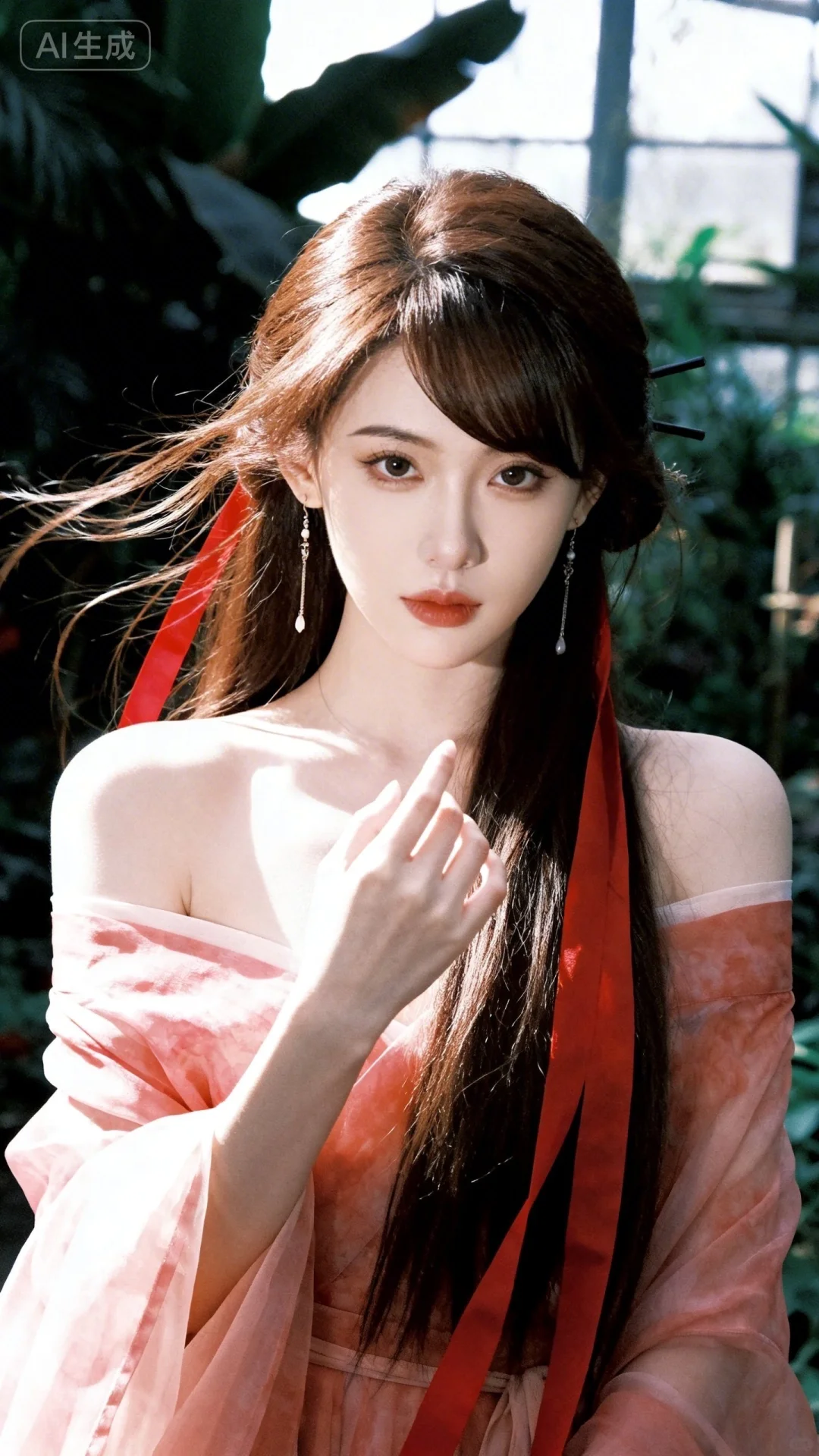 图片风格为“曦梦”，梦幻朦胧感。街边奶茶店外，一位深棕长卷发的女生，模样洋娃娃般