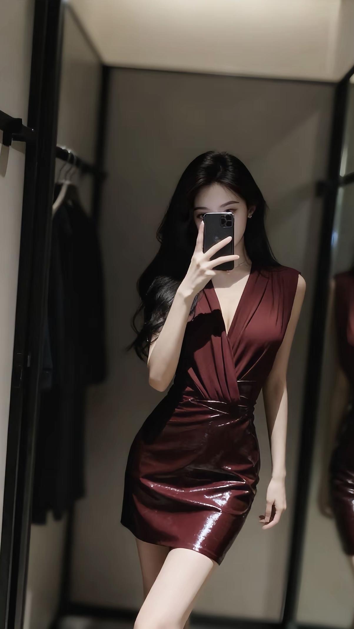 优雅红裙，镜中自拍的魅力瞬间
