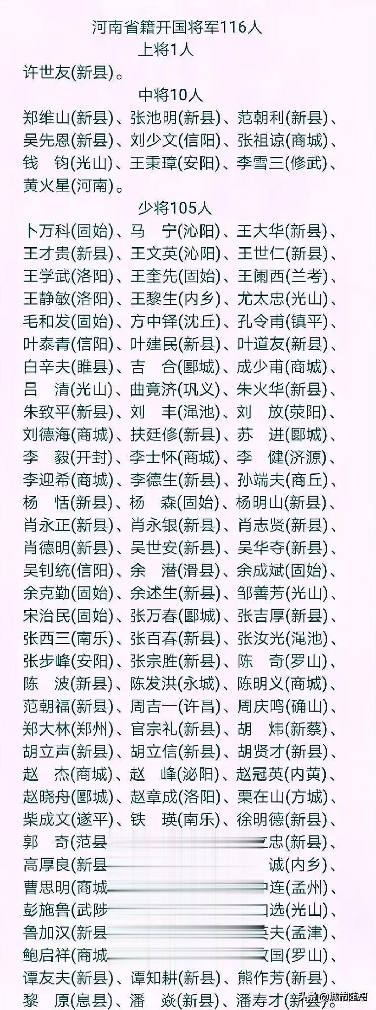 1. 许世友：河南省新县人，上将。
2. 李雪三：河南省武修人，中将。
3. 王