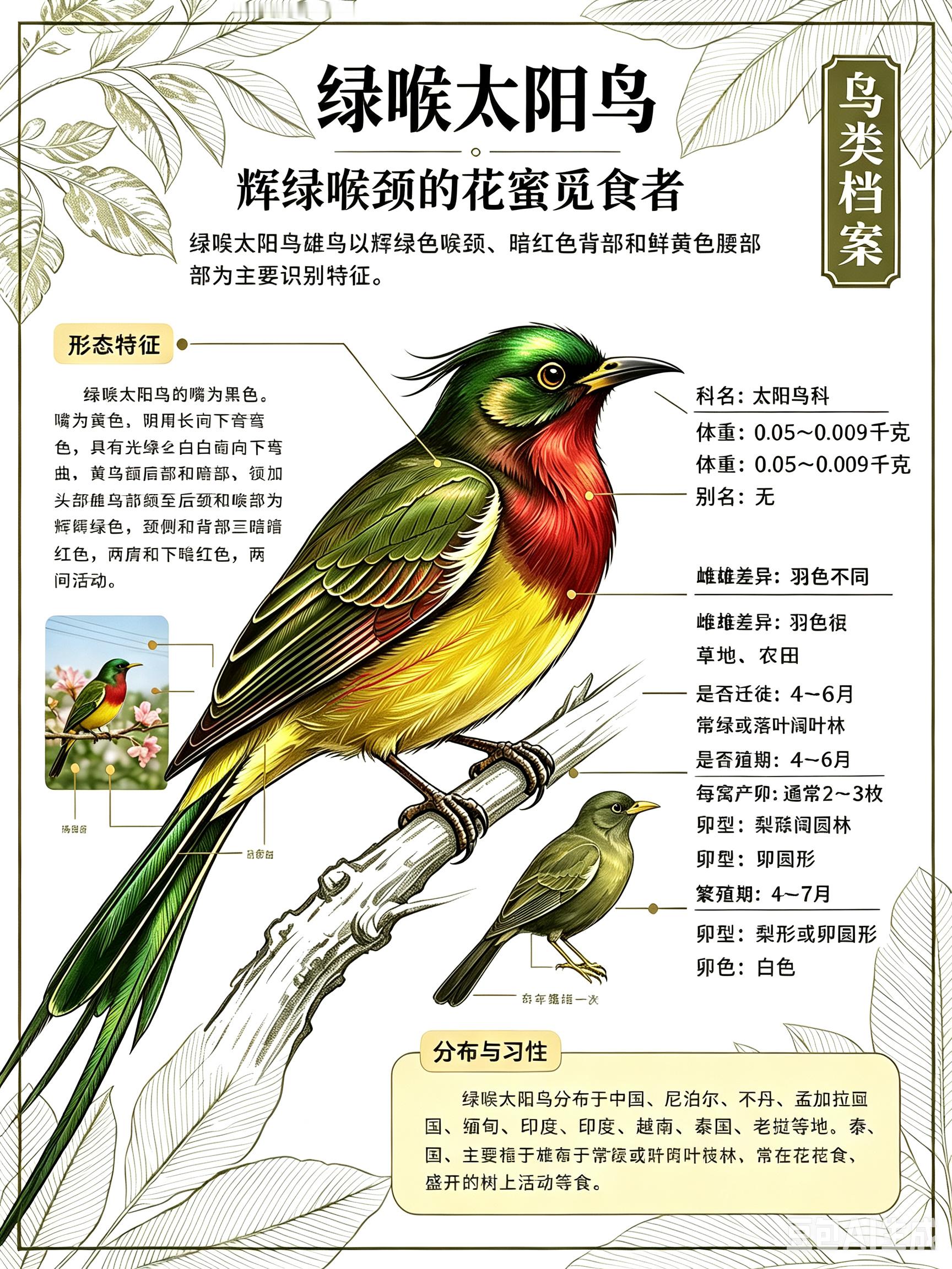 鸟类朋友图鉴 绿喉太阳鸟科名：太阳鸟科体重：0.005～0.009千克别名：无绿