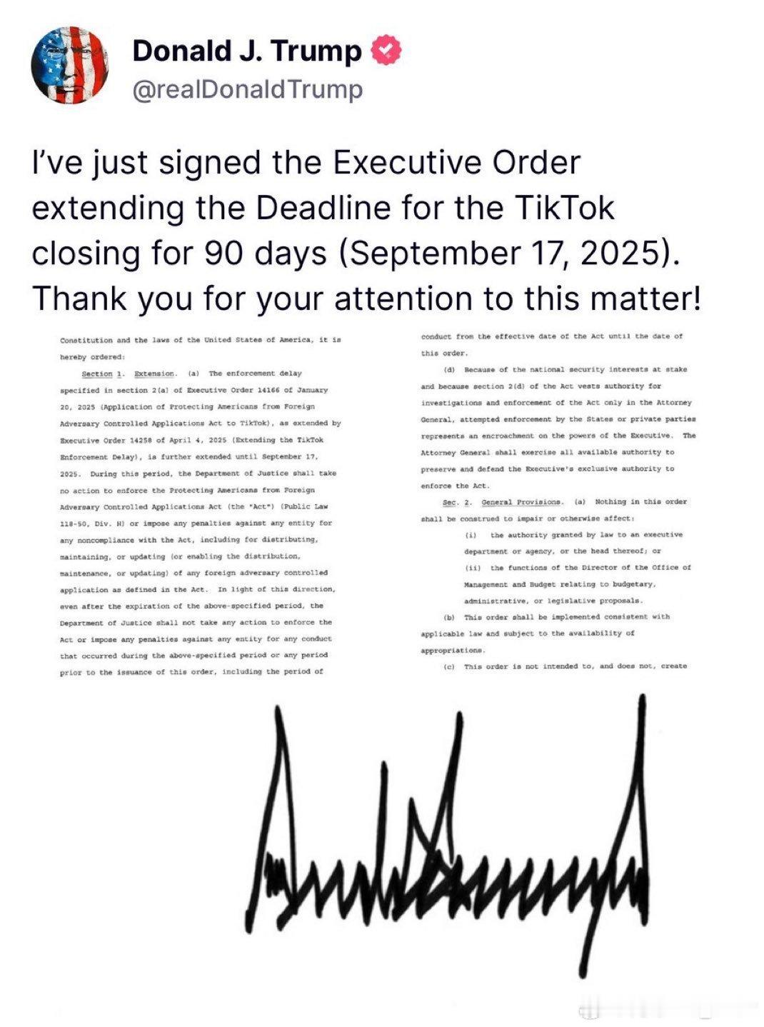 特朗普:    我刚刚签署了行政命令，将TikTok关闭期限延长90天（即202