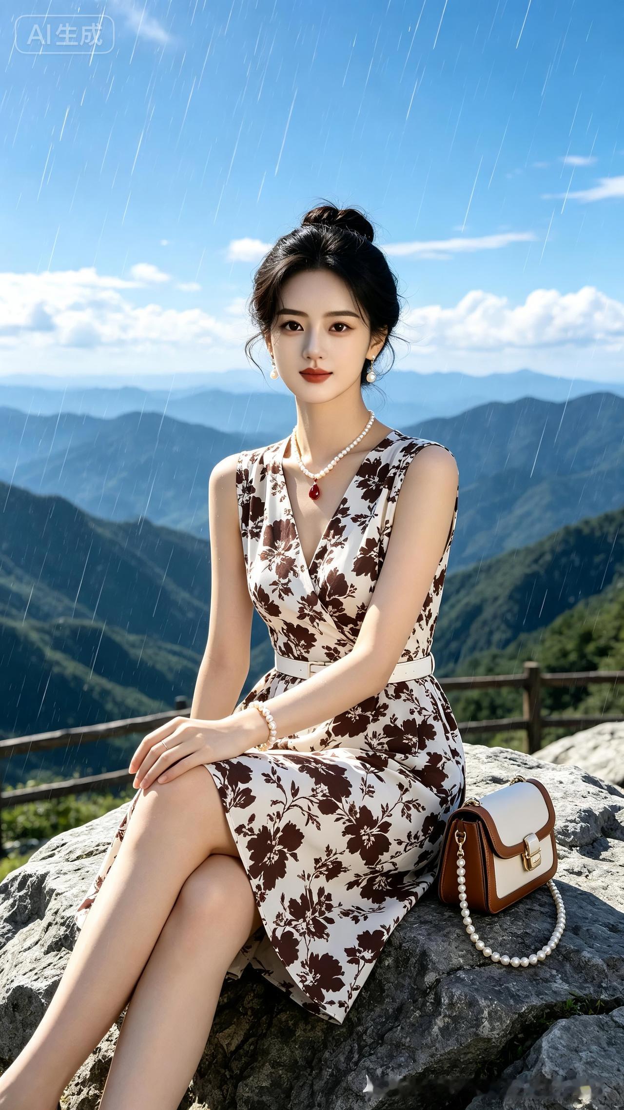 盘发女子温柔浅笑，身着白底咖花V领连衣裙静坐山岩，全套珍珠宝石配饰精致，晴天下细