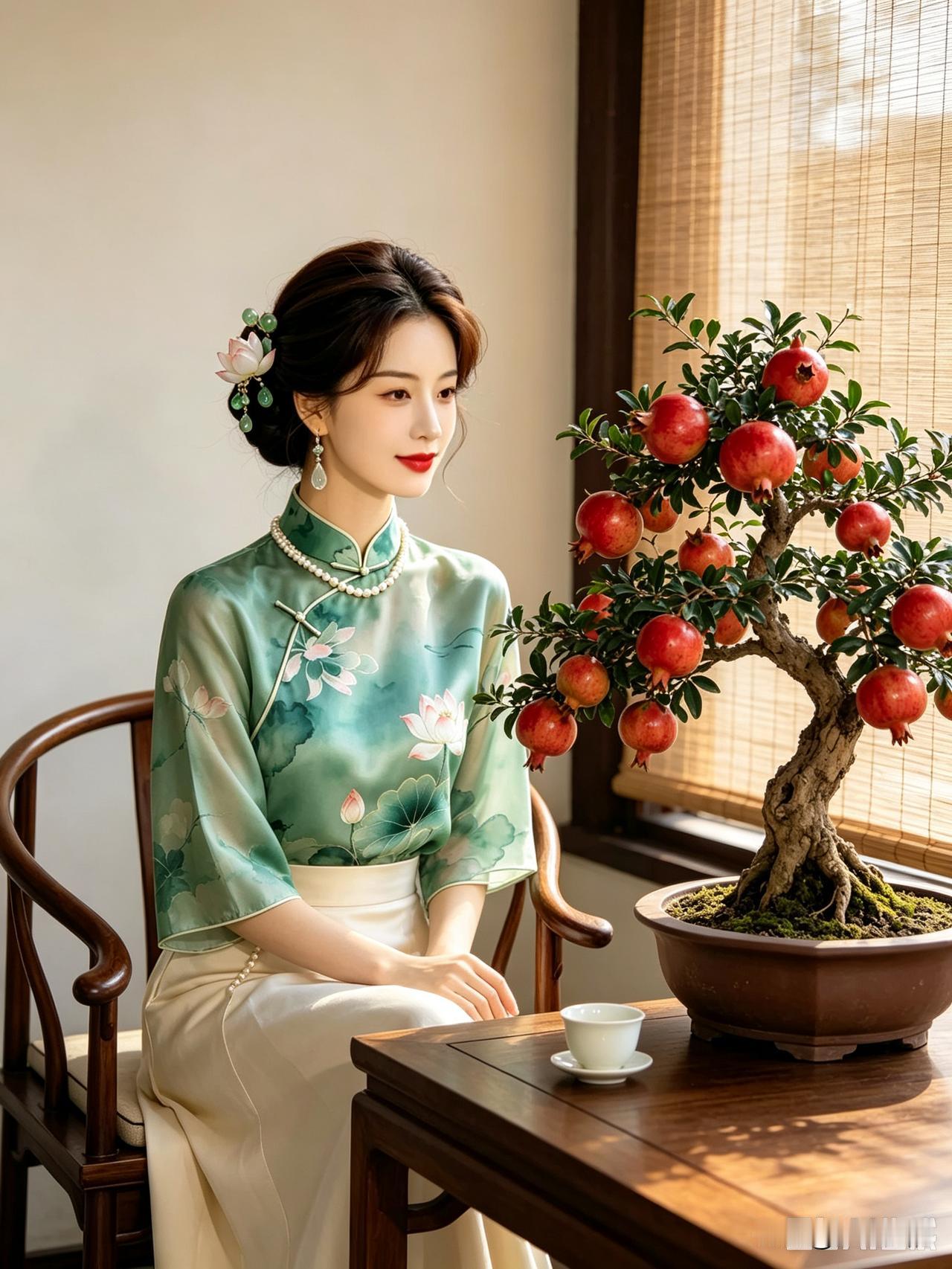 竹帘半卷，晴光筛下细碎的金影，轻覆在那一袭晕染荷风的碧色旗袍之上。案头古拙盆钵里