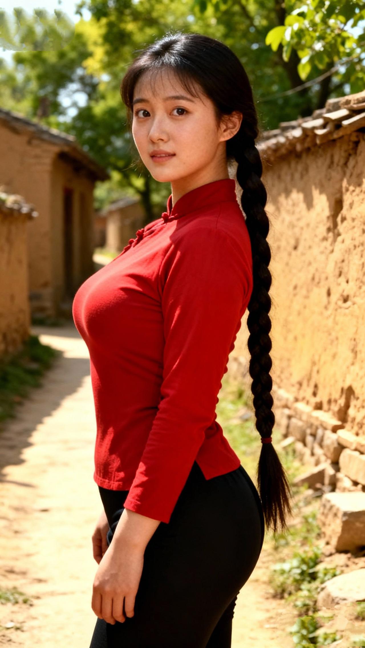 《红衫巷影》
 
土墙凝翠日迟迟，
红袂裁风绾素丝。
长辫垂云遮巷陌，
眸光一盼