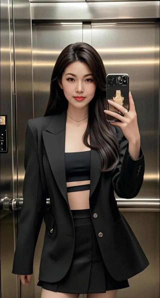 都市女郎的时尚穿搭，黑色西装外套搭配露脐上衣，自信满满！💄👠💼