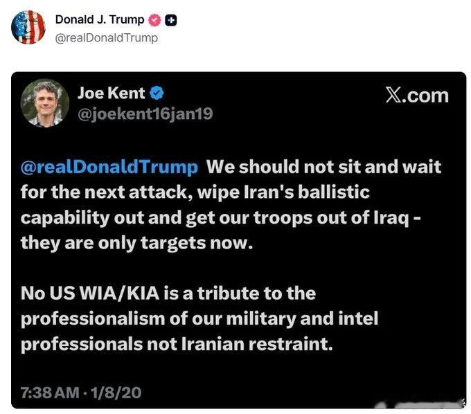 在美國國家反恐中心主任Joe Kent因不認同美以對伊朗發動戰爭而宣佈辭職後，國