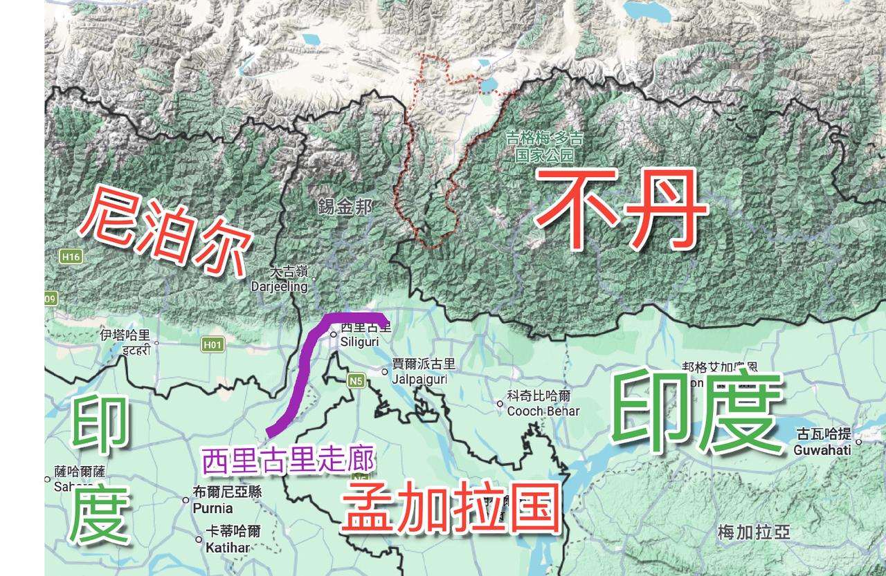 西里古里走廊：
它是印度的“死穴”；
它宽度约20-33公里；
它是印度东北部与