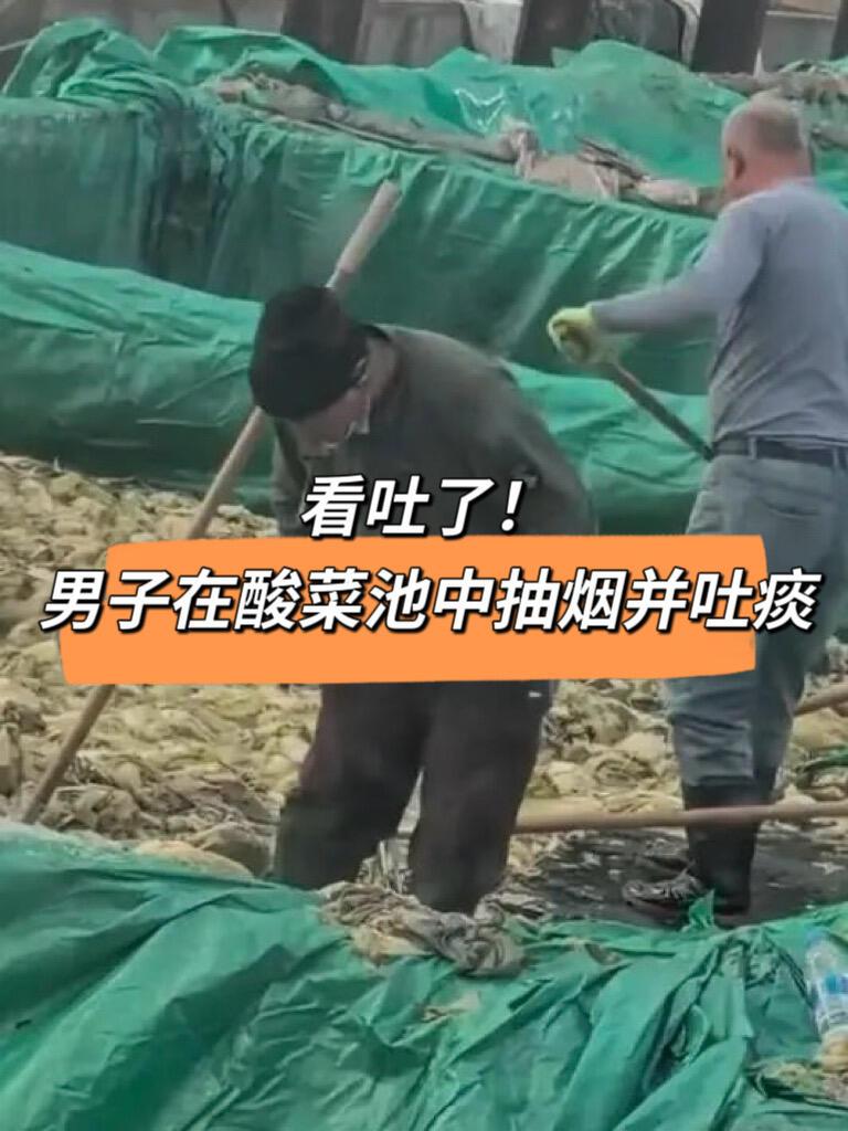 这个酸菜厂的视频看得人反胃。一个男的穿着靴子站在酸菜池子里，一边抽烟，一边干活，