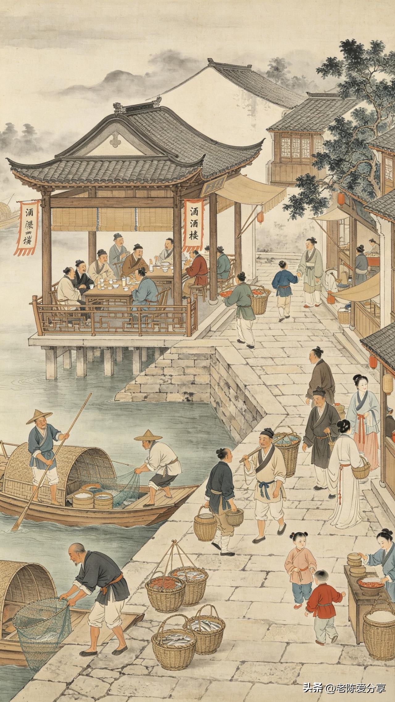 鹧鸪天·水乡晨市

水榭风清酒旆扬，
楼头笑语透清香。
轻舟荡桨收新网，
石岸提