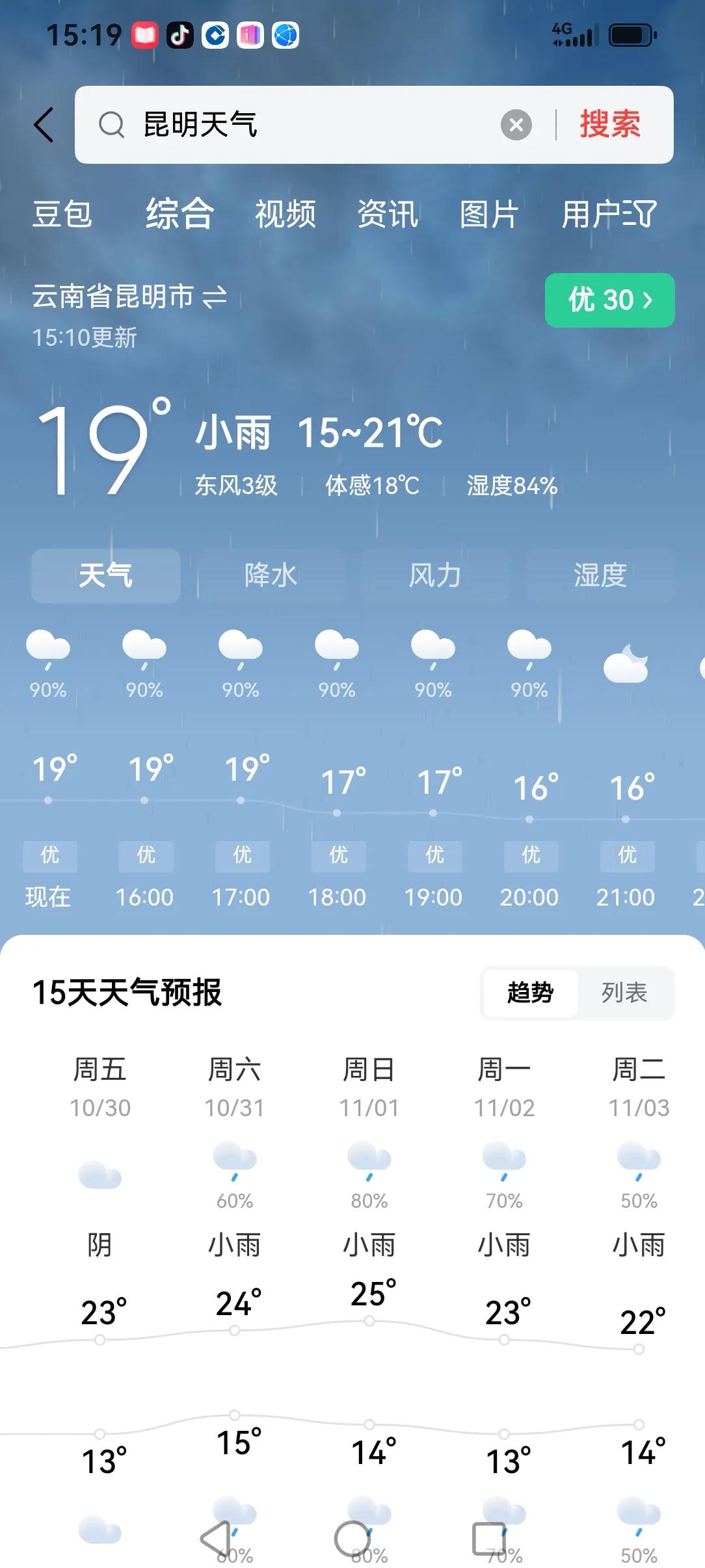 看了一下近期的昆明的天气，这个雨今天下得正是时候，秋雨贵如油，下雨就是下财，真的