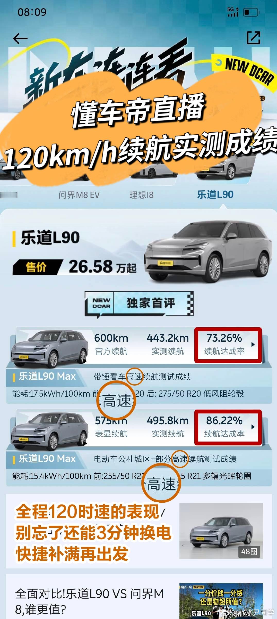我做过顶配四驱版本乐道L90的高速120速度测试，能耗大概20出头甚至低于20，