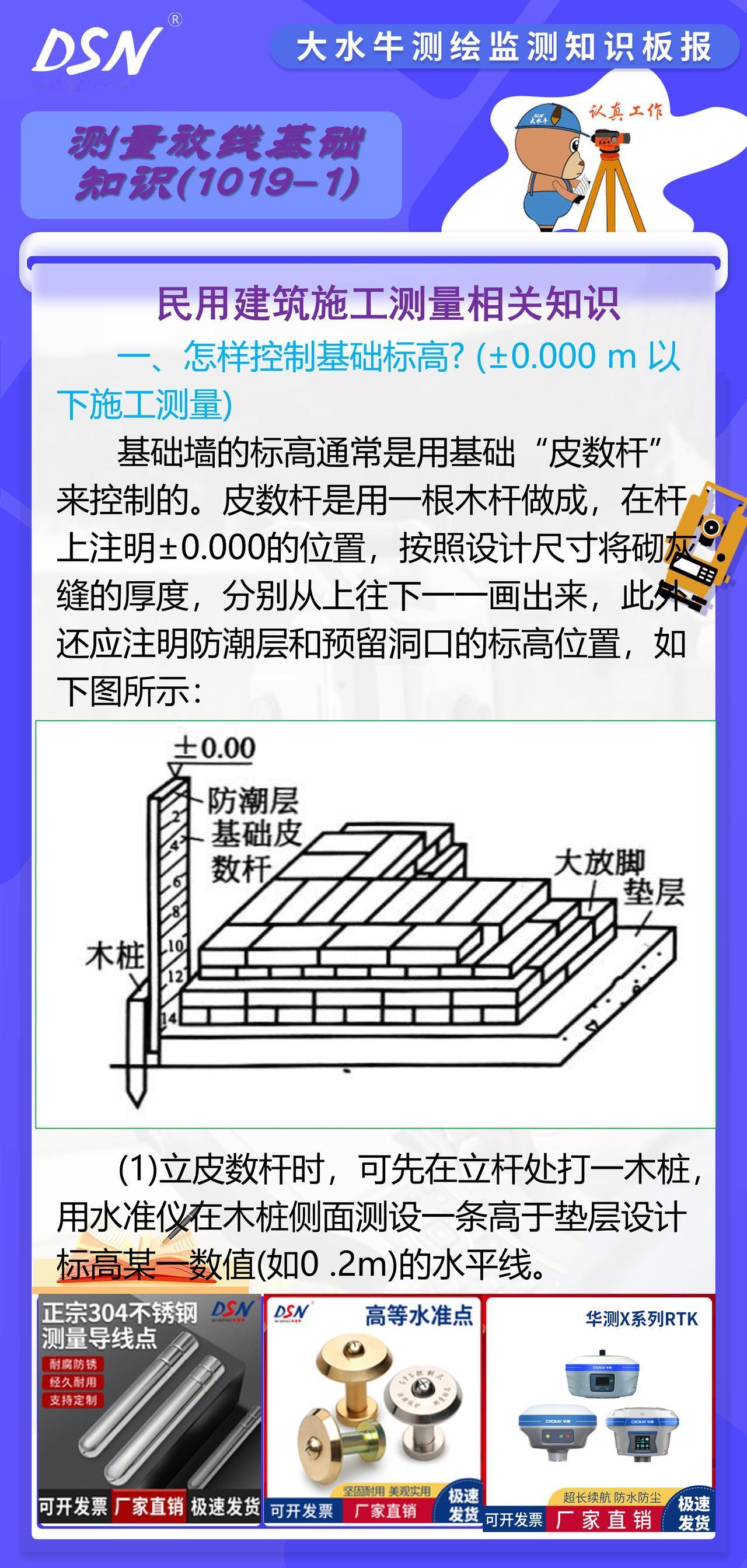 赛维板报|民用建筑施工测量相关知识
基础墙的标高通常是用基础“皮数杆”来控制的。