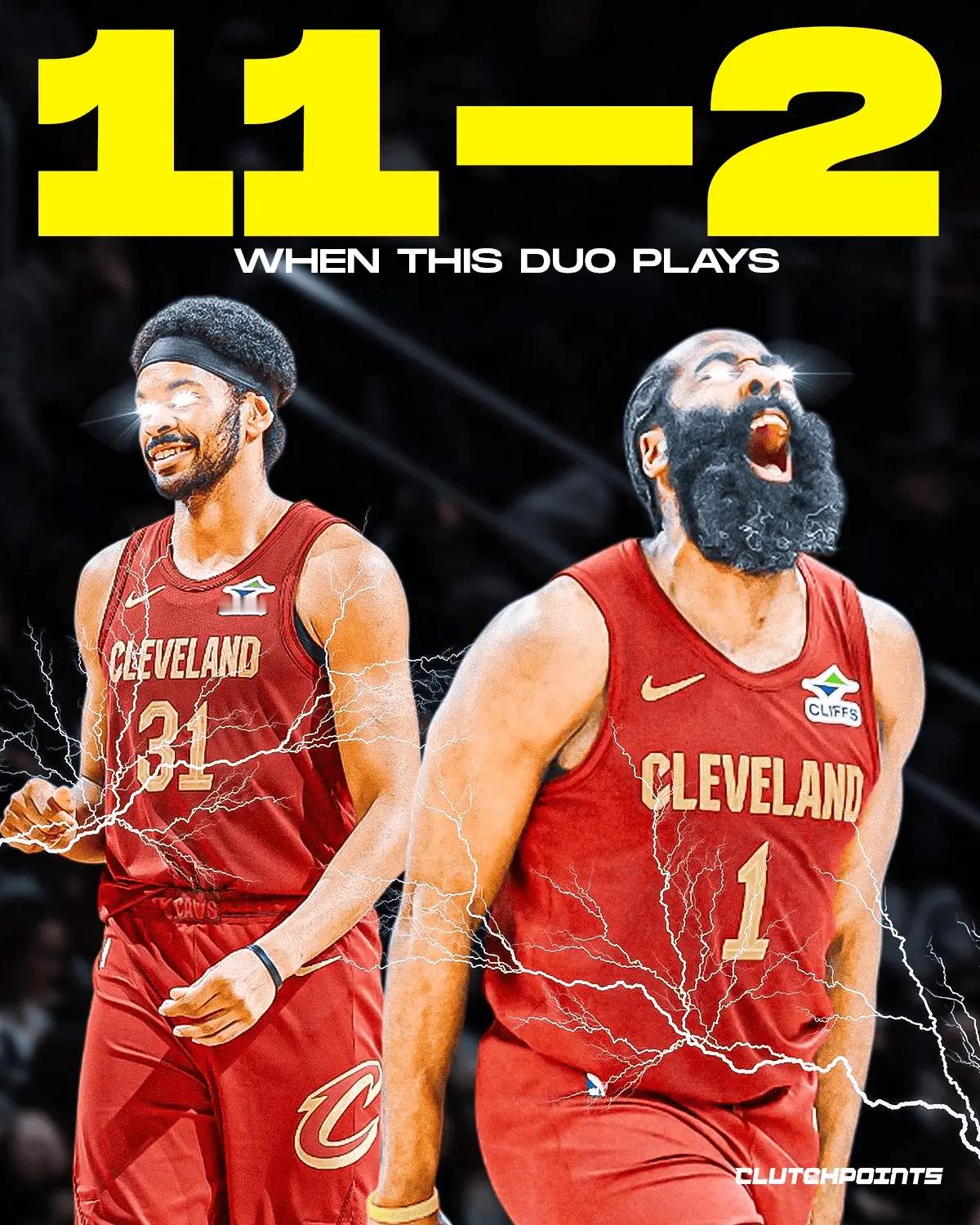 本赛季哈登和阿伦同时出战时，骑士的战绩为战绩11胜2负！！！这对正在球场攻防两端