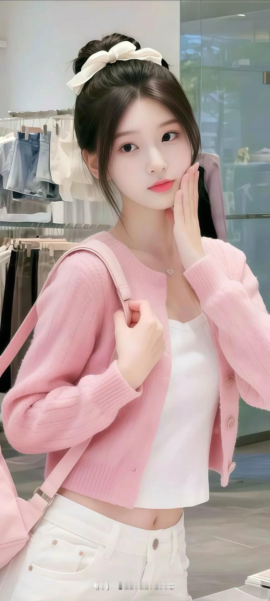 粉衣少女，手抚面颊，似有千言。
