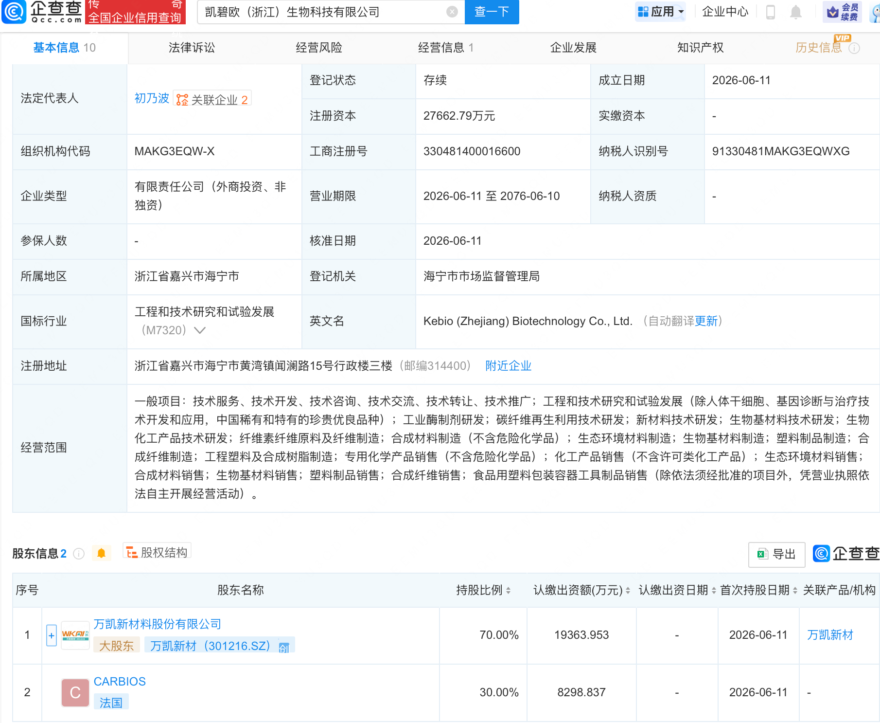 万凯新材等投资成立生物科技公司
