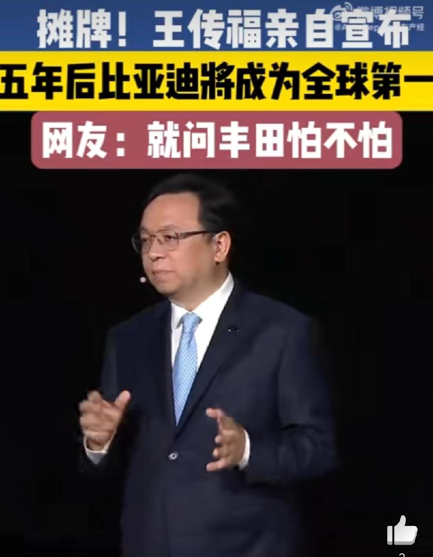 王传福把目标说得很直接，五年后比亚迪将成为全球第一，老王还是有底气的，毕竟比亚迪