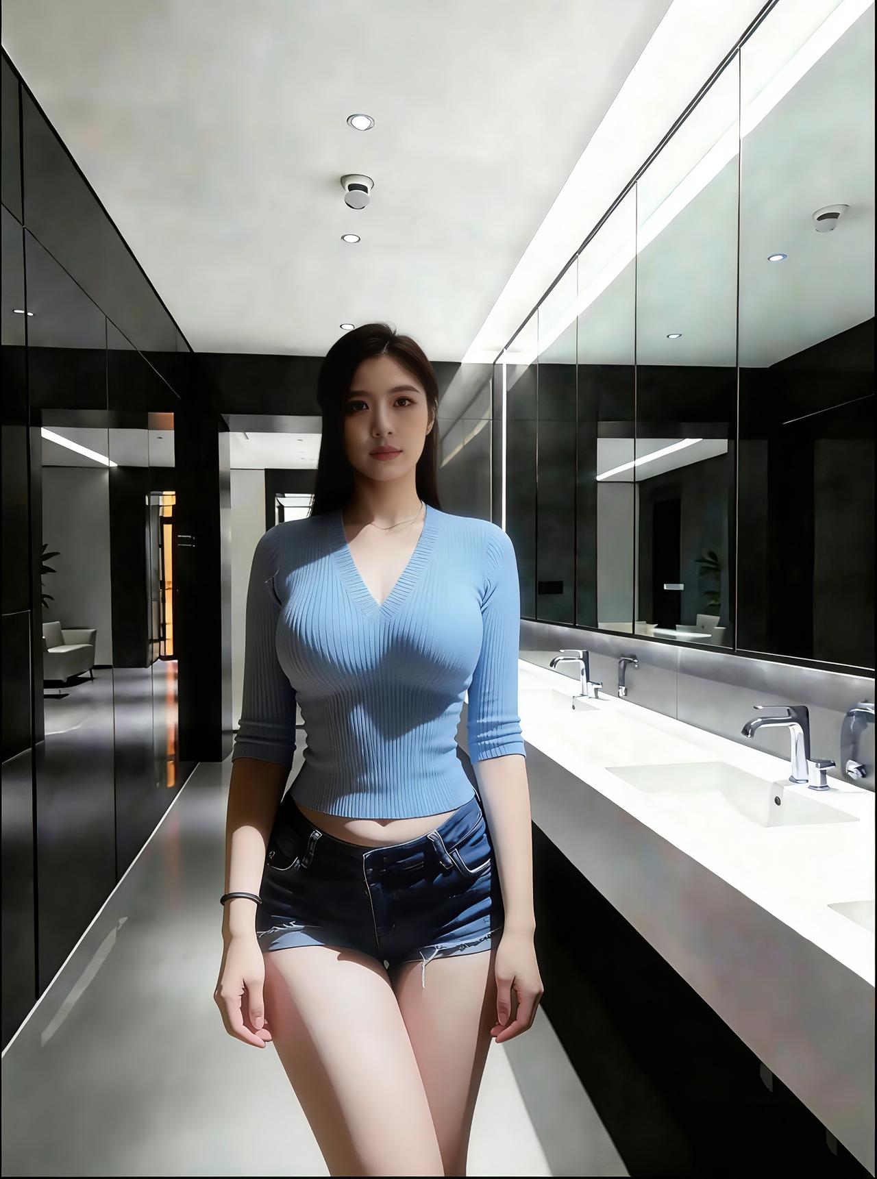 牛仔短裙搭配蓝色上衣，
确实很耐看。
时尚由她来定义。