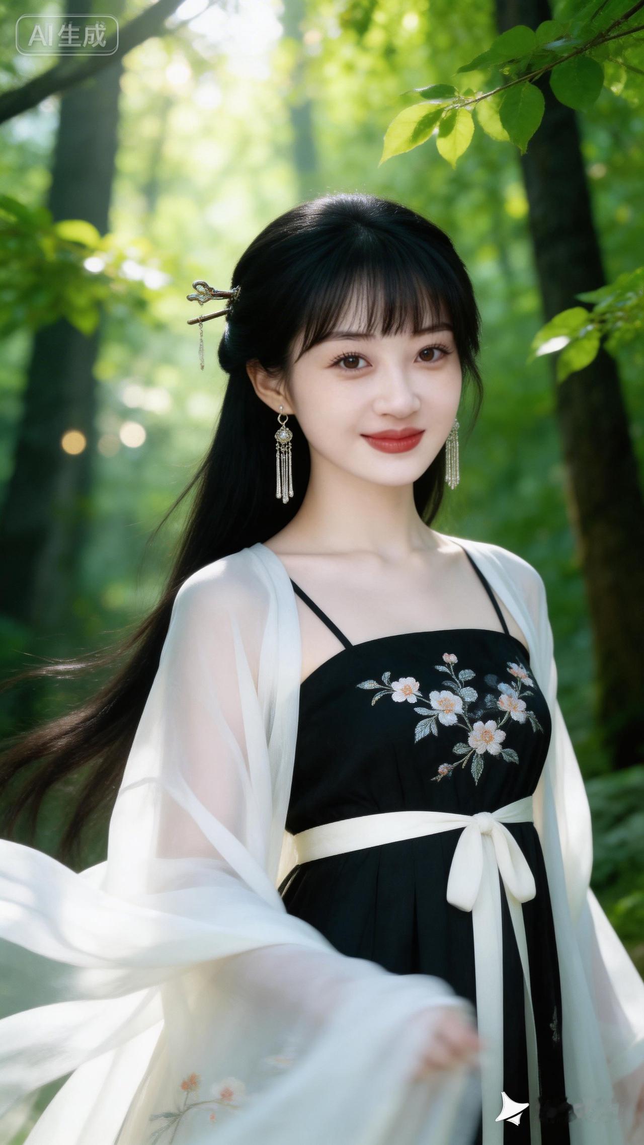森林中的仙子，黑发红唇，白纱飘逸，宛如画中人。