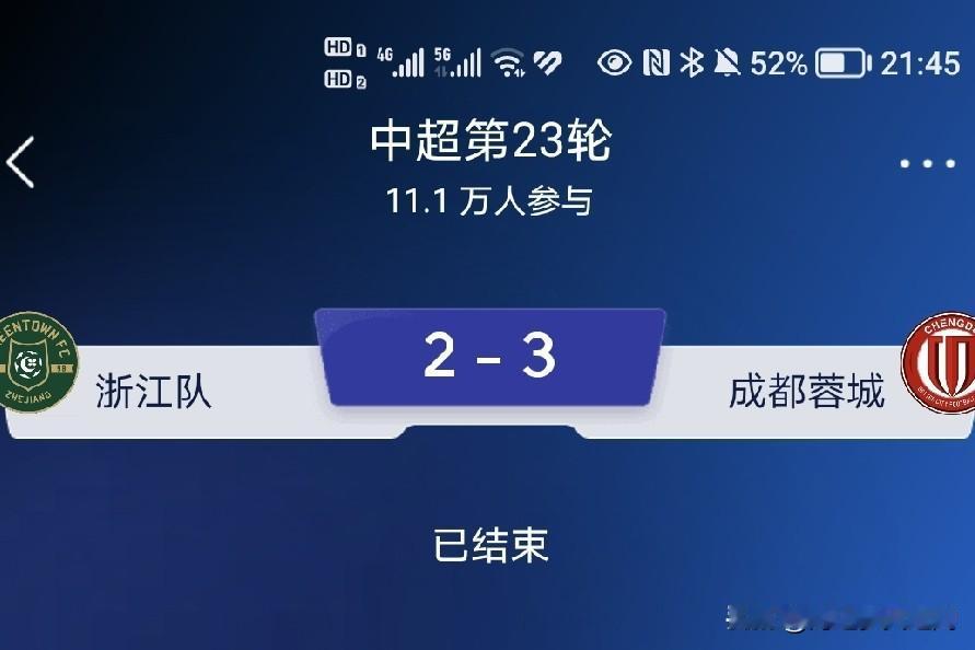 下半场费利佩再进一球让比分变成2：2，补时阶段替补登场的拜合拉木打进第三球，蓉城