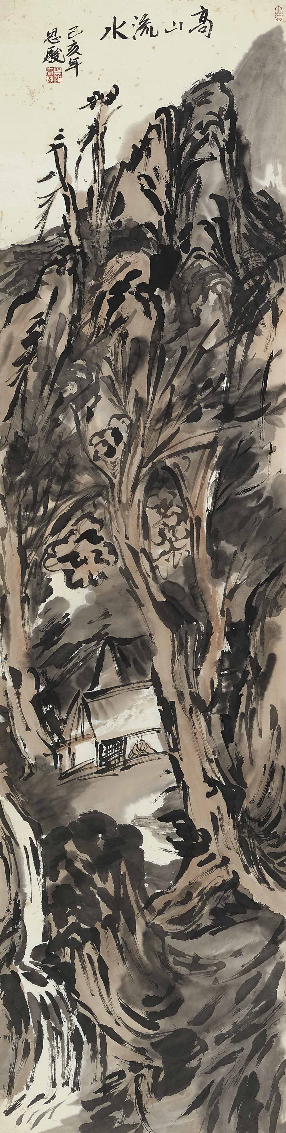 《隐逸之境，禅意悠然》画中山势险峻，却在半山腰留出一间茅屋，屋内隐约可见高士静坐