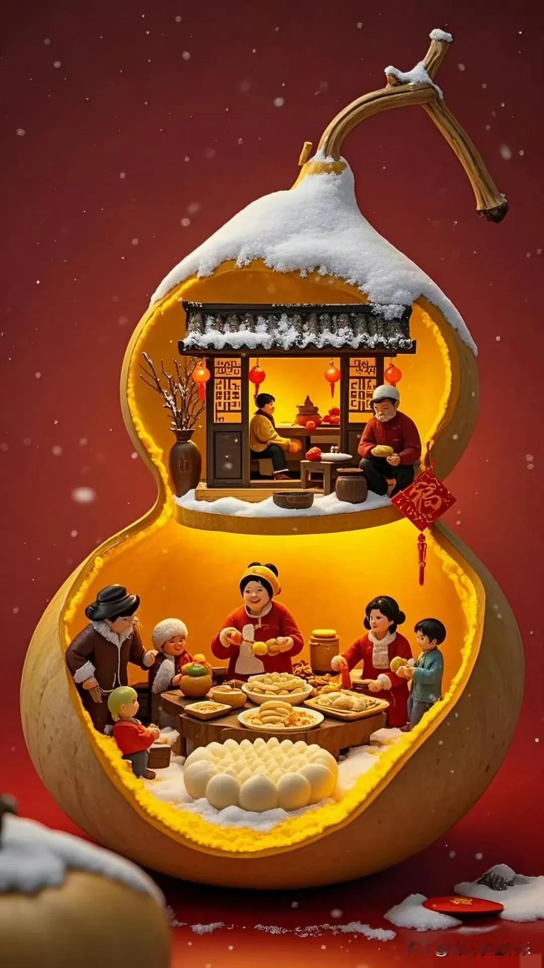 住进宝葫芦，邂逅丰年福。屋内热气腾腾，家人笑靥盈盈，桌上美食丰盛，屋外瑞雪飘飘。