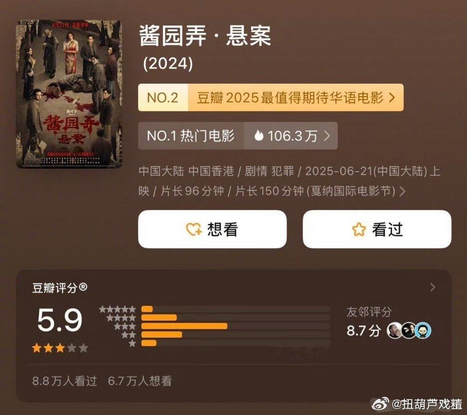 酱园弄豆瓣开分5.9全明星阵容＋大导＋民国奇案，8万人开出5.9分，高了还是低了
