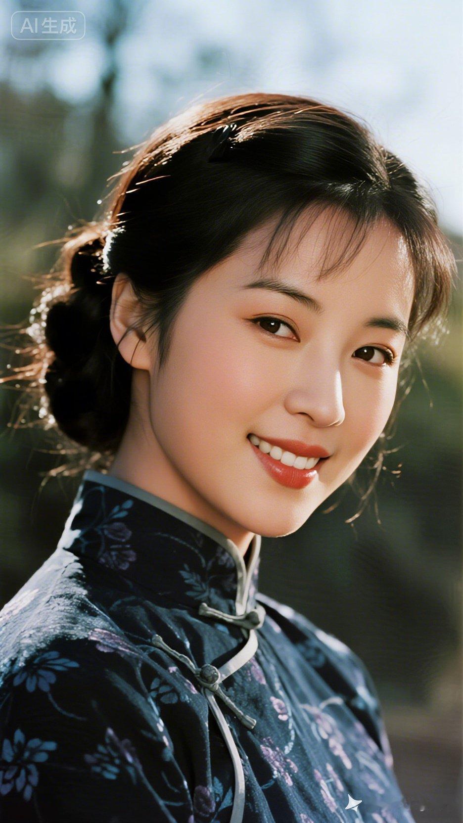 上世纪美女单人头像，逆光勾勒发丝轮廓，梳新潮头型，穿当时时髦服装，眼神明亮，笑容