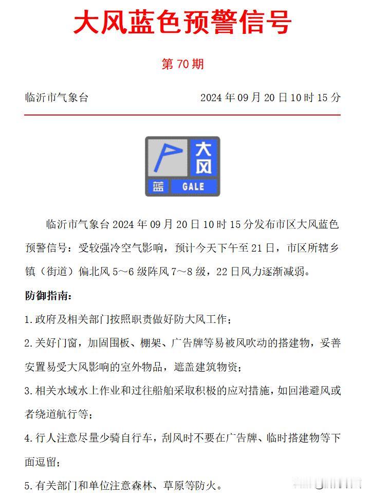 临沂市气象台
发布市区大风蓝色预警信号