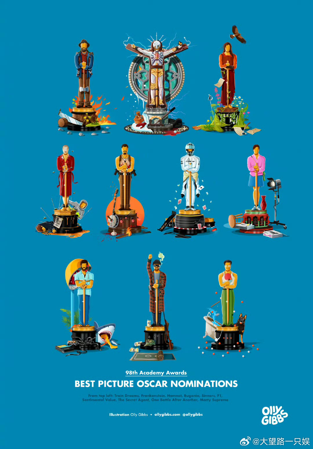画师Olly Gibbs为今年奥斯卡奖“最佳影片”入围的10部电影绘制艺术海报《