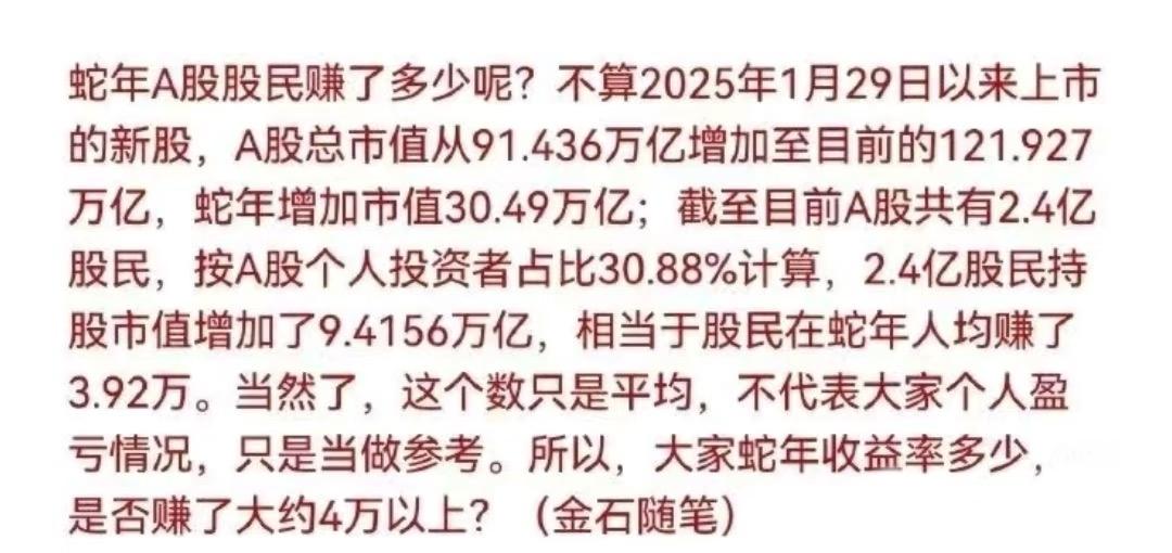 蛇年收官，股民人均赚近4万

理论上不买到雷，正常上涨1000点肯定是赚钱的，只