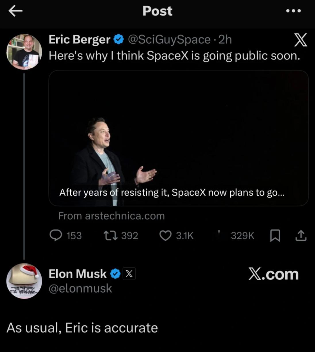 SpaceX传记作者Eric Berger发帖：“SpaceX计划IPO”，结果