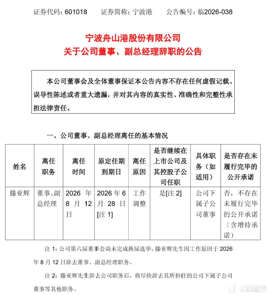 【宁波港董事、副总经理滕亚辉因工作调整辞职】8月13日晚间，宁波舟山港股份有限公
