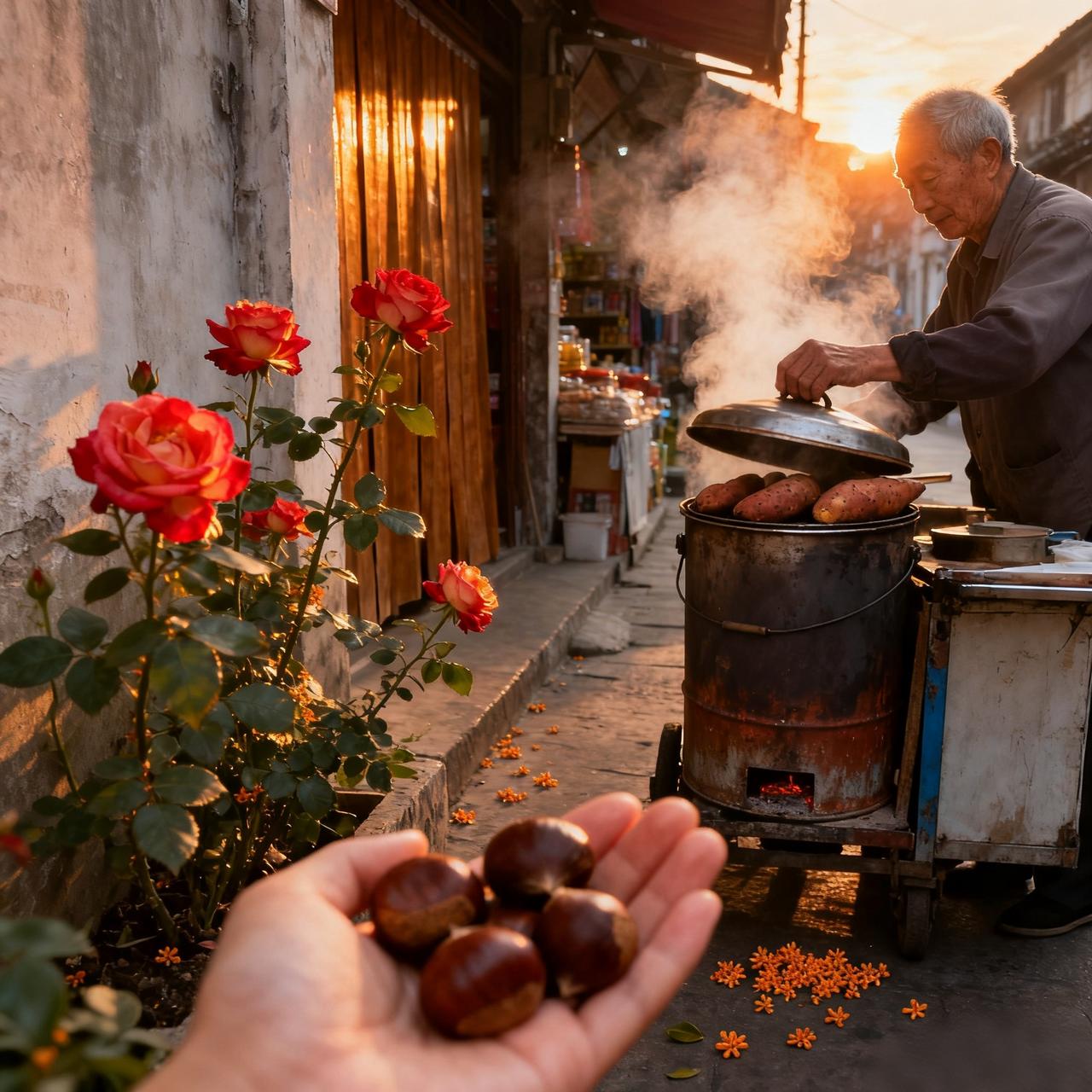 下班特意绕进了常走的老巷，夕阳把墙根的月季晕成暖融融的金红色，风一吹，花瓣还带着