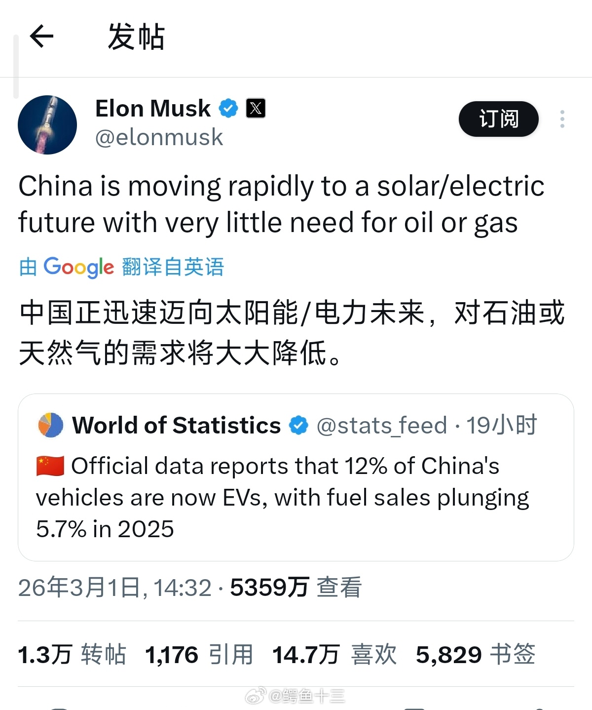 金价首富马斯克，点评中国的电中国正迅速迈向太阳能/电力未来，对石油或天然气的需求