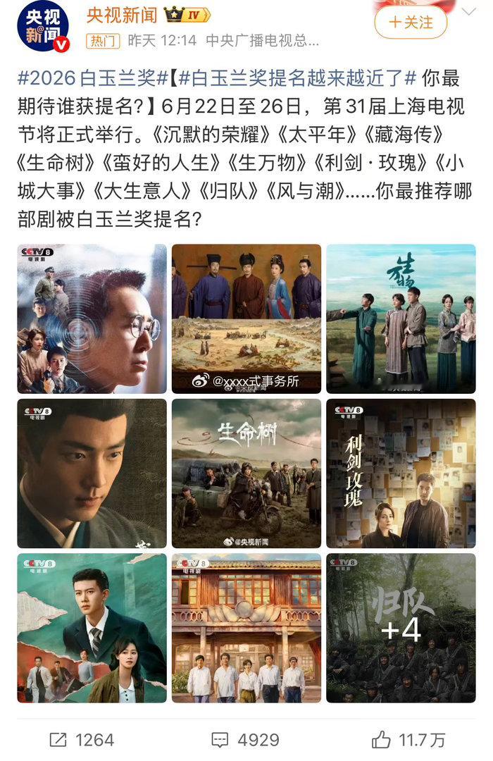 白玉兰预计今天10点发布提名，几位真瓜主已经暗示，参考央妈的名单，你们期待哪些作