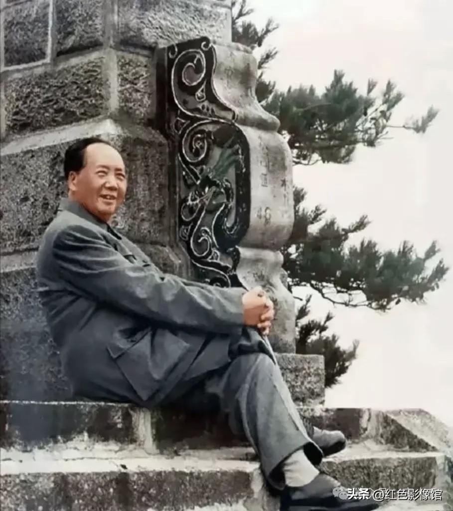 照片中的毛主席坐姿松弛自然，没有一丝架子，格外接地气；目光温柔平和，褪去了运筹大