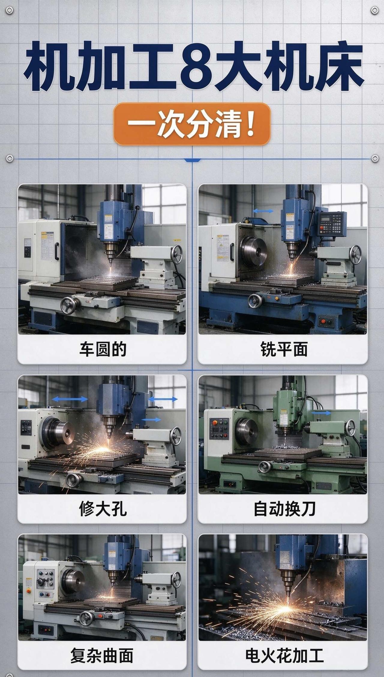 机加工设备区分
 1. 车床
**核心特点：工件旋转，刀具不动**
- 加工工件