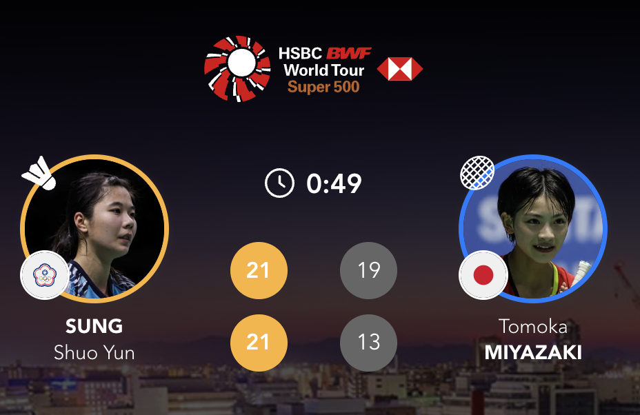 宋硕芸 21-19、21-13 🇯🇵宫崎友花骆建佑🇸🇬 21-12、21