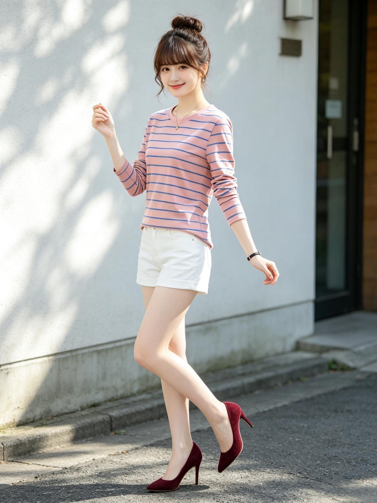 想要穿出清爽与时尚感，不妨试试这套粉蓝条纹上衣与白色短裤的搭配。粉蓝相间的条纹，