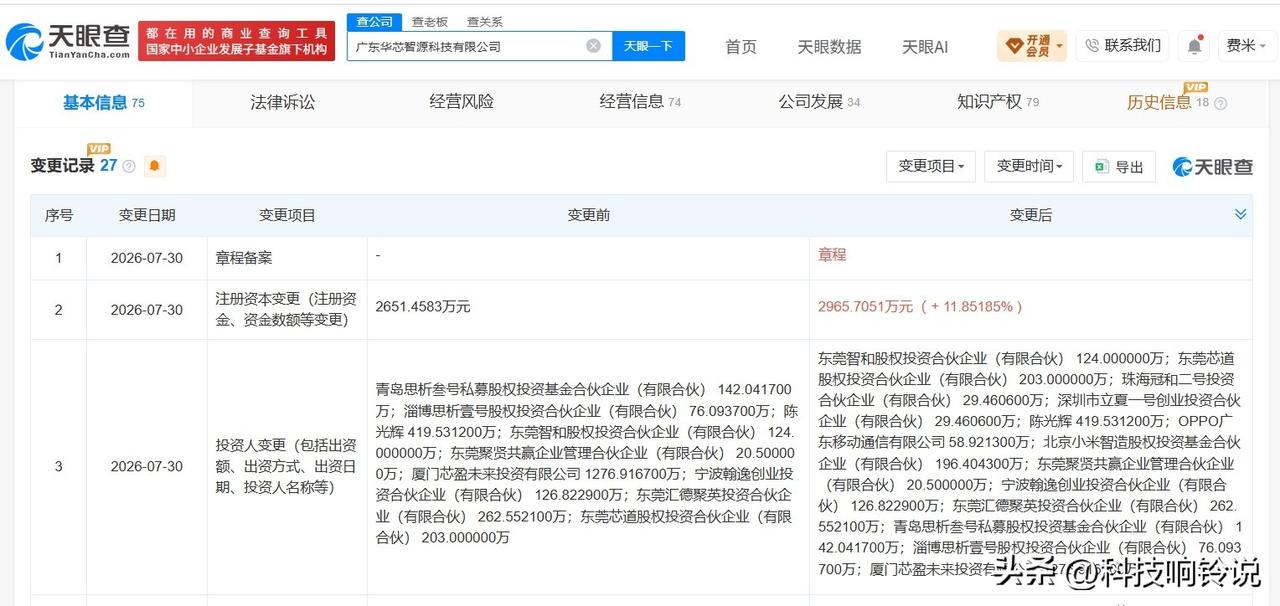 【OPPO、小米智造基金等入股华芯智源】
天眼查App显示，广东华芯智源科技有限