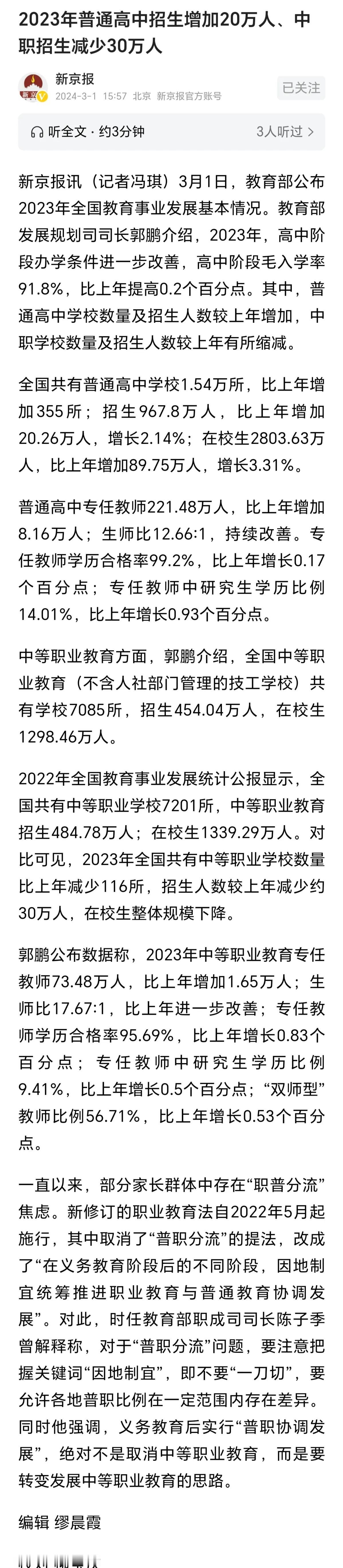 2023年普通高中招生增加20万人，共招生967.8万人；中职招生减少30万人，