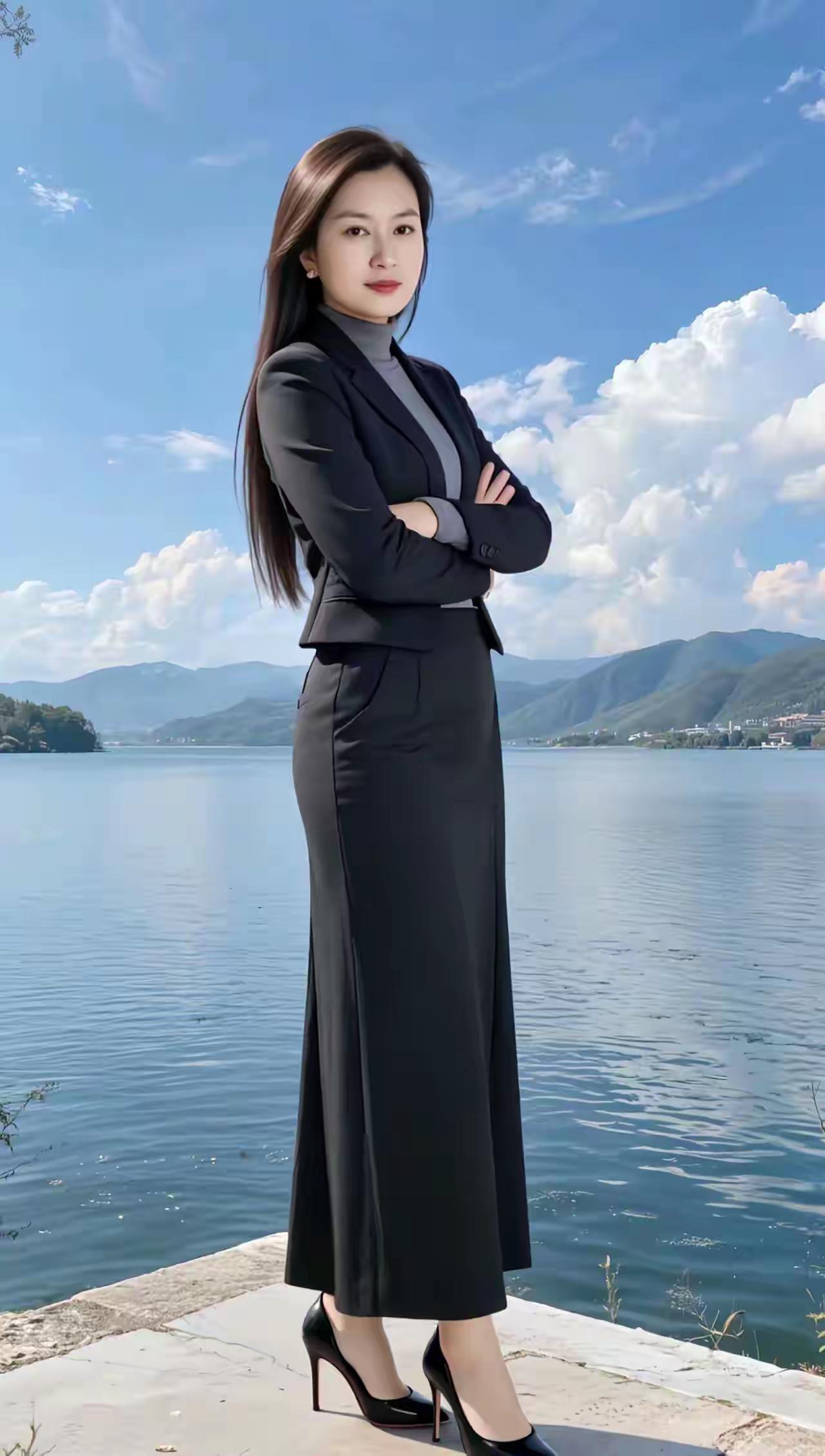 职场女性，自信满满，湖边优雅自拍👠💄🌞