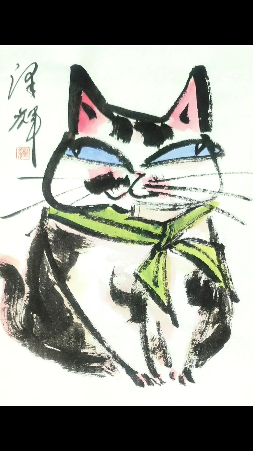 🖌️温泽辉的画里，猫的线条没那么规整，却透着随性。有的眯着眼打哈欠，有的四脚朝