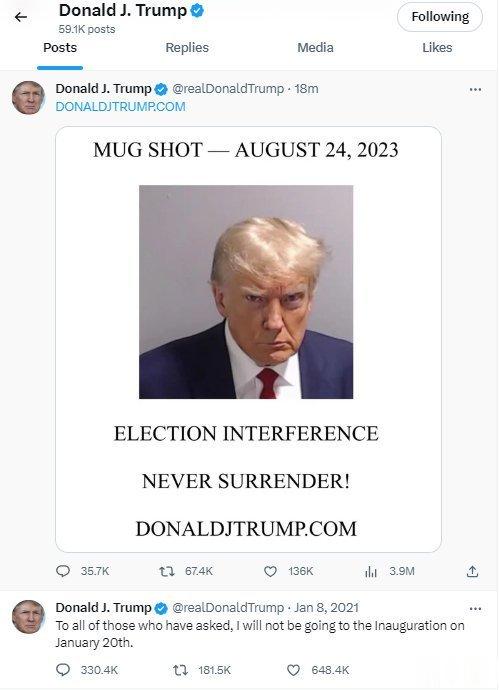 【#特朗普重返推特发了第一条推文#，贴了自己的嫌犯大头照】特朗普从监狱保释以后，